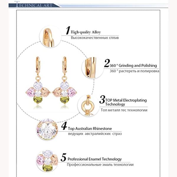 Blomsterfarvet Cubic Zirconia Vedhæng Ring Øreringe