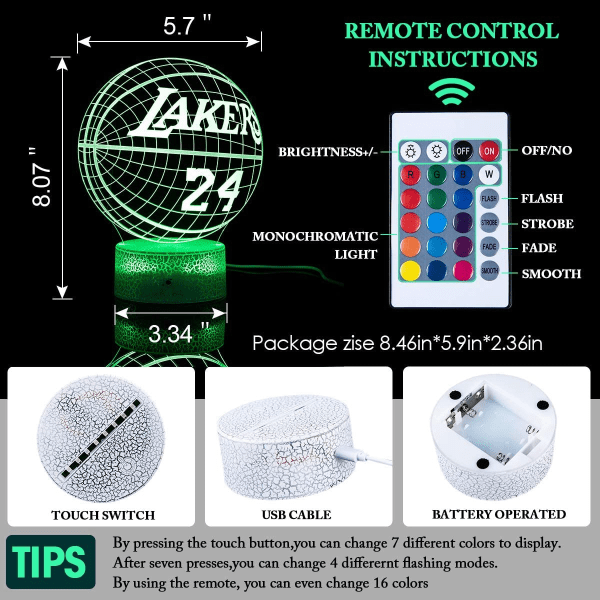 Koripallo 3D Illuusiolamppu 16 Värillä Vaihtuvalla ja Kaukosäätimellä Koripallo Yövalo Parhaat Lahjat Lapsille Pojille