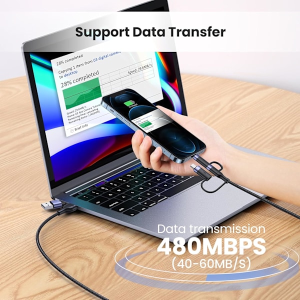 PD 60W USB-C Multi Snabbladdningskabel Nylonflätad Sladd 5-i-1 3A USB/C till Typ C/Micro/Telefon Snabb Synkroniseringsladdare Adapter 1,2 meter Black