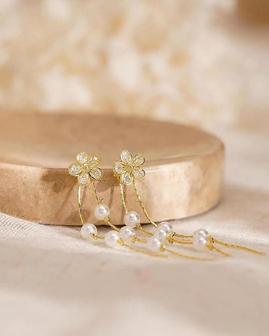 Fine blomsterdråbeøreringe til kvinder - Hypoallergene Cubic Zirconia & Perlevedhængsøreringe, Modesmykkegave til hende