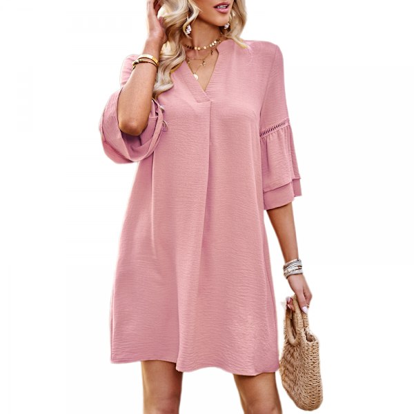 Neck Puff Sleeve Solid Color Loose Flowy Mini Kjole (Pink S)