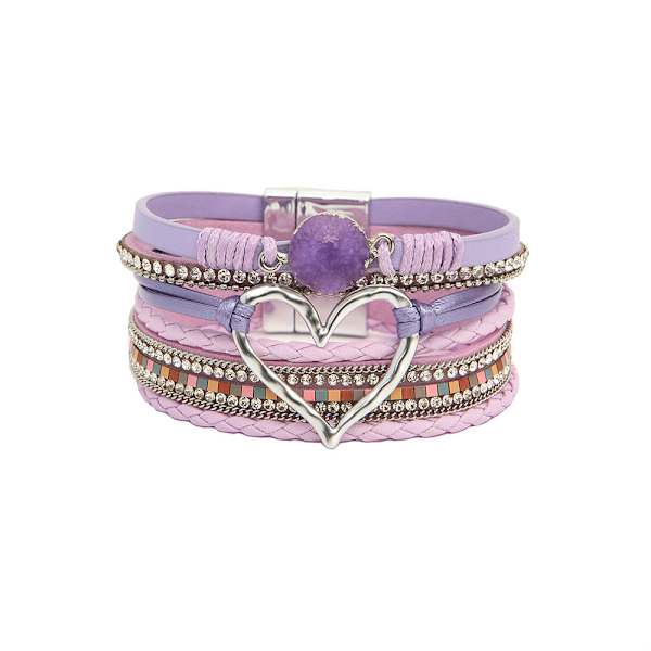 Leopard Armbånd for Kvinner, Boho Lær Wrap Multi-Layer Perle Krystall Armbånd Bangel Smykker Purple