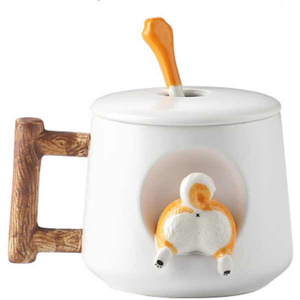 Sød Hundepar Kop, Keramik Kaffe Kopsæt med Låg, Søde Poter på Skeen, Sød Shiba Inu Tredimensionelt Design, med Mat Tekstur White Tail