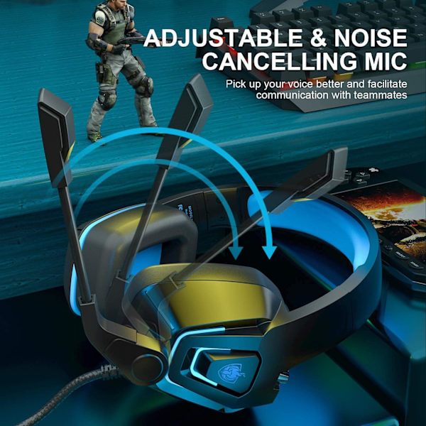 Trådbundet spelheadset, trådbundet PC-headset för Xbox One, PS5, PS4, bärbar dator, Switch, H2 Over-Ear-spelhörlurar med brusreducerande mikrofon och LED-ljus och V