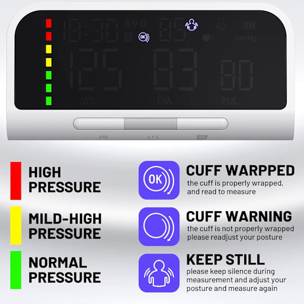 Blodtrycksmätare Automatisk Överarmsmaskin & Noggrann Justerbar Digital BP Manschett Kit Stor Bakgrundsbelyst Display 240 Set Minne Inkluderar Laddning
