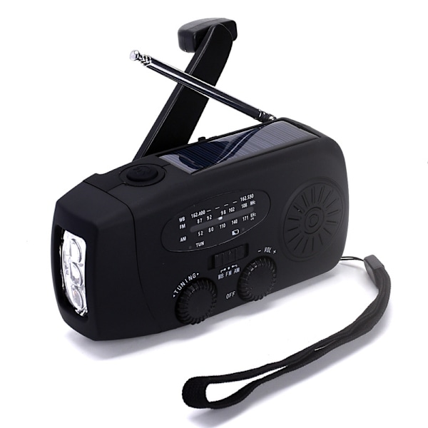 Nødradio med håndsveiv og LED-lommelykt for nødsituasjoner, AM/FM NOAA værradio med 2000mAh powerbank telefonlader, USB-ladet og solenergi Black