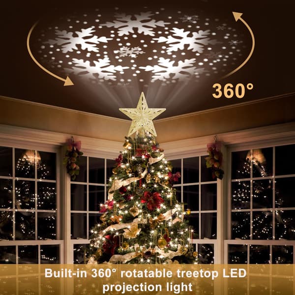 3D Glitter Juletrestjerne Topp - 6 LED Roterende Projiserte Mønstre, Belyst Julepynt og Gave til Fester Gold