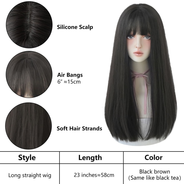 Lång rak peruk med lugg hårfärg svart peruk för kvinnor syntetiskt naturligt svart hår fest och cosplay premium mjuk peruk (23 tum svart)