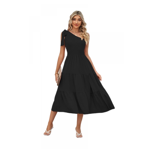 Ærmeløs Ruffle Hem Flowy Boho Maxi Kjoler (Sort XL)