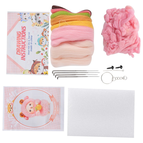 Nålfiltning Färgglad Fårdocka DIY Tillverkningsmaterialpaket med Ritningar och Poke Tool204# Rosa