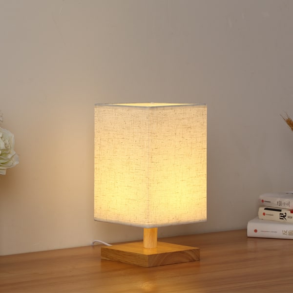 Liten bordlampe - Tre nattbordslampe Enkel soveromslampe Lin lampeskjerm Mini skrivebordslampe Nattlys Nattbordlampe for soverom