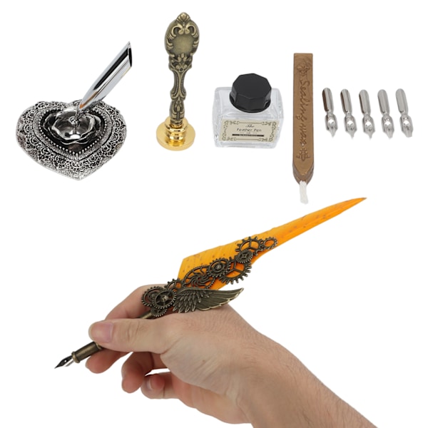 Sulkakynäsarja Metalli Penholder Retro Elegantti Tyyli Kirkas Kaiverrus Litteä Terä 1-5mm/0.04-0.20in Kirjoitus Dip Pen Kit Oranssi
