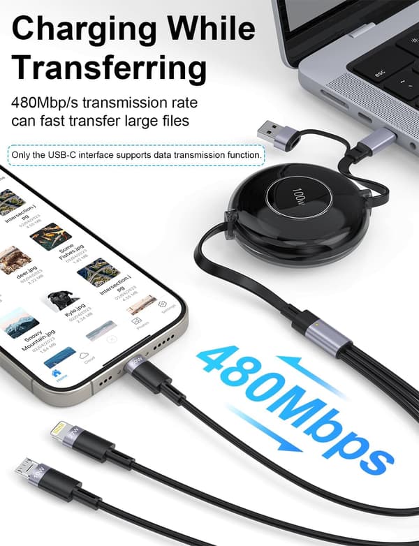 3-i-1 Multi-opladerkabel, Trækbart iPhone-oplader, 100W Hurtigopladning USB-C/A til Lightning/USB-C/Micro USB Telefonopladerkabel Black