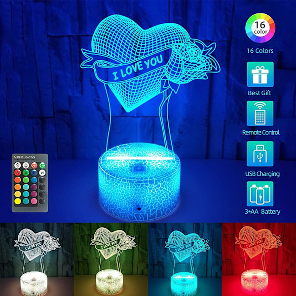 3D Jag Älskar Dig Illusionslampa, 16 Färgväxlande Lägen RGB Nattlampor, Smart Touch och Fjärrkontroll, Belysning för Alla Hjärtans Dag Dekorationer för Sovrummet
