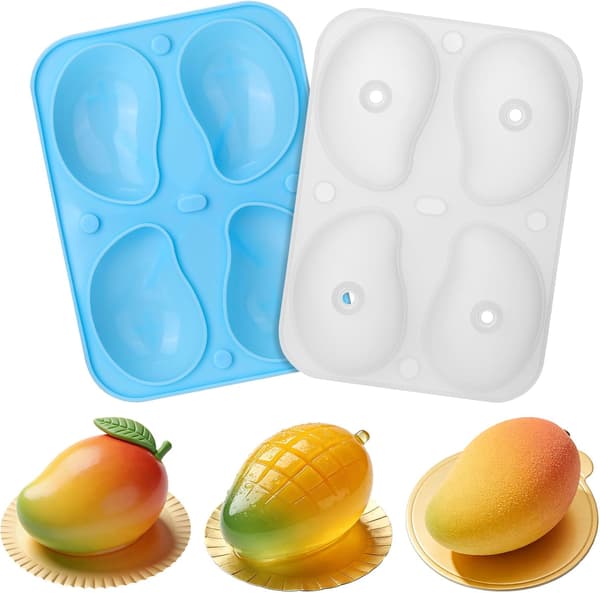 4-hulrum 3D Mangoform Silikoneform, Realistisk Frugt Silikone Bageform til Mousse Kage, Budding, Is, Gelé, Chokolade,