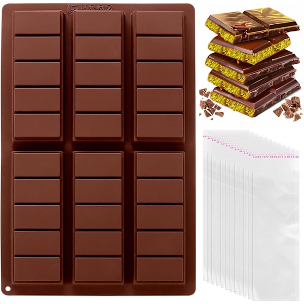 Chokoladebarform Dyb, Tyk Silikon Chokoladebarform til Fyldte Barer, Rektangulære Knafeh Pistacie Chokoladebarforme med 100 stk. Opbevaringsposer Rectangular
