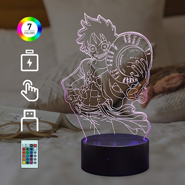 3D LED Natlampe Japan Anime Monkey D Luffy Cool 16 Farver
