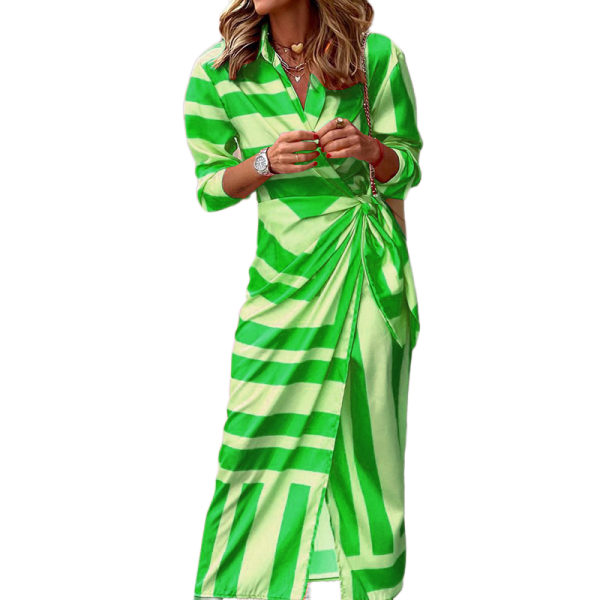 eeve trykt revers slips skjorte slå om kjole midi kjole (grøn XL)