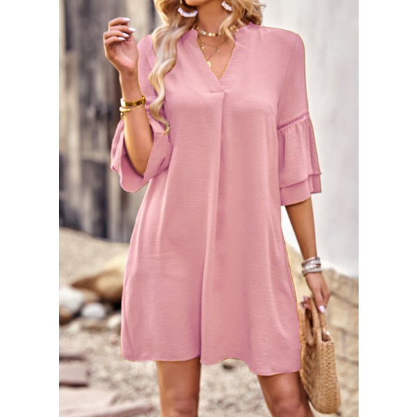 Neck Puff Sleeve Solid Color Loose Flowy Mini Dress (Pink XL)