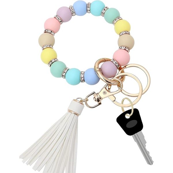 Silikon nøkkelring armbånd for kvinner, elastisk perlearmbånd nøkkelring med zirkon og dusk til morsdaggave Cotton Candy