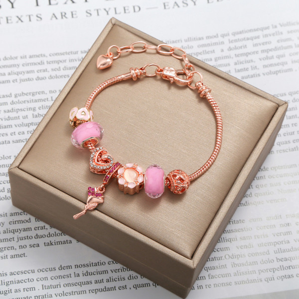 Pink love rose flower hänge armband med kristallpärlor,