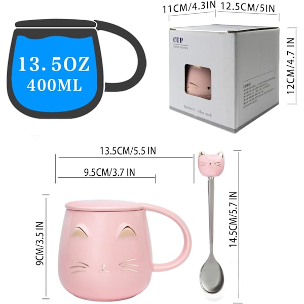 Katt Krus Søt Kaffekrus gave til katteelskere Keramisk Kopp, Nyhet Krus med Lokk og Rustfritt Stål Skje, Jule Bursdagsgaver P Pink