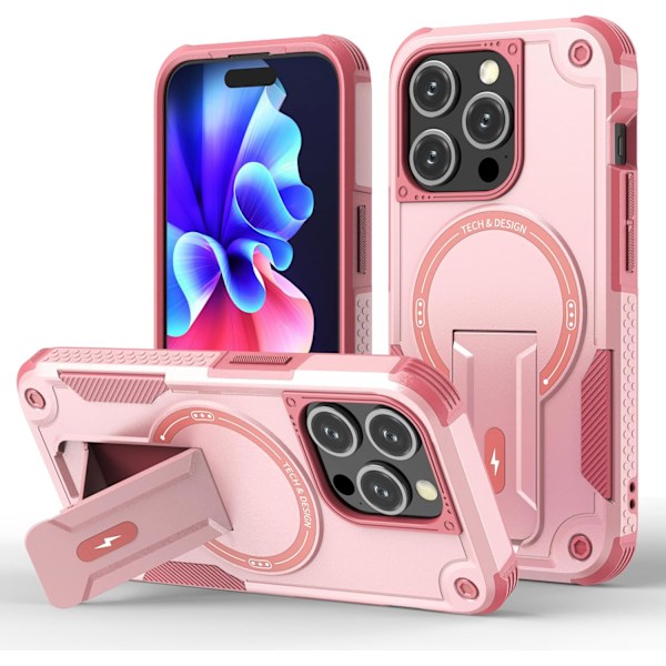 Magneettinen iPhone-kotelo telineellä, yhteensopiva MagSafen kanssa, kestävä sisäänrakennettu teline, sotilasluokan pudotusturva iskunkestävä iPhoneille Pink iPhone 14 Pro