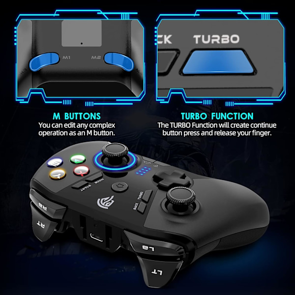 Trådlös spelkontroll för Windows PC/Steam Deck/PS3/Android TV BOX, Dual Vibrate Plug and Play Gamepad Joystick med 4 anpassade knappar, batteri black