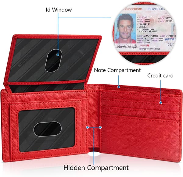 Plånböcker för män 15 kortfodral Slim Rfid Läder 2 ID-fönster med presentförpackning Herrtillbehör A pure red