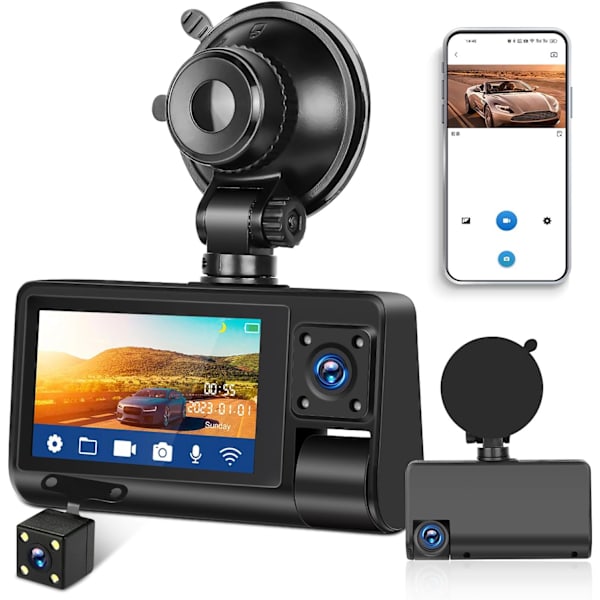 3-kanals dashcam fram och bak inuti, Full HD 1080P dashcam för bilar med Super Night Vision Loop Recording G-Sensor APP-kontroll 150° vidvinkel 3