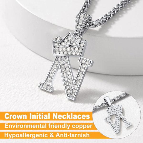 Krone Initial A-Z Halskæde, Iced Out Bogstav Vedhæng med 22-24 Tommer Kæde, Mænd Kvinder Bling Hip Hop Alfabet Navn Smykker Gave Store Initialer Halskæder N Silver