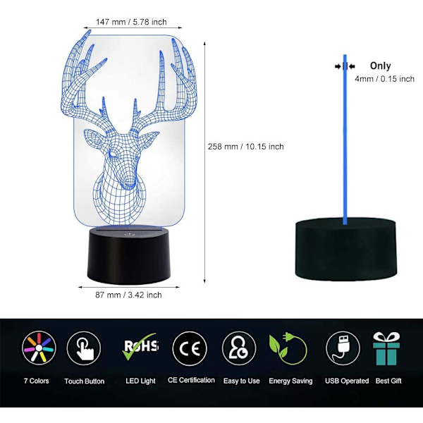 3D Illusion Lamp LED Deer Nattljus Djur Leksaker 7 Färg Ch