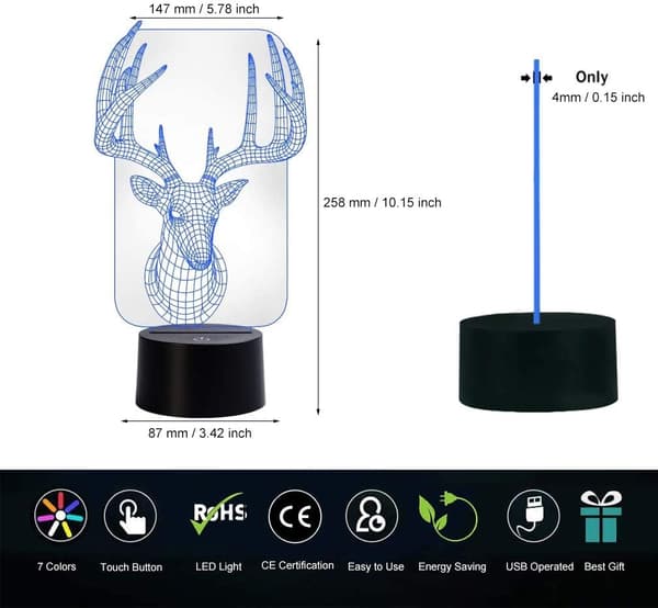 3D Illusion Lampe LED Hjort Natlys Dyr Legetøj 7 Farve Ch