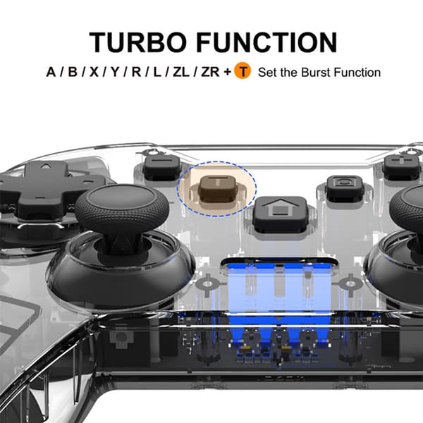 Game Controller til PC/Switch/Tesla model 3/y/x/s, Transparent LED-baggrundsbelysning, Understøtter dobbelt motor og dobbelt vibrationsfunktion (transparent sort)