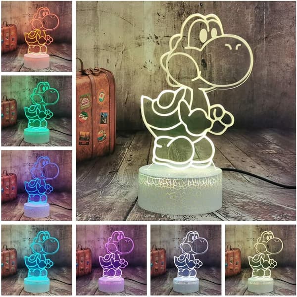 Spil 3D LED Natlampe Yoshi 7 Farveskiftende Lampe Batteri