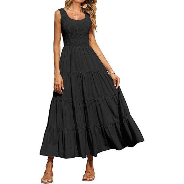 Dame 2025 Casual Løs Ensfarget Maxi Sommerkjole Smock Tank Kjole Ermeløs Sommer Strand Lagdelt Lange Kjoler L