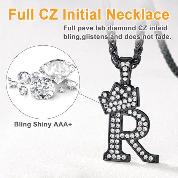 Krone Initial A-Z Halskæde, Iced Out Bogstav Vedhæng med 22-24 Tommer Kæde, Mænd Kvinder Bling Hip Hop Alfabet Navn Smykker Gave Store Initialer Halskæder R Black