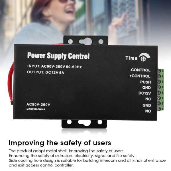 Strømforsyningskontroll Backup Batteriport for Dørtilgangskontor Sikkerhetssystem AC90‑260V til DC12V 5A