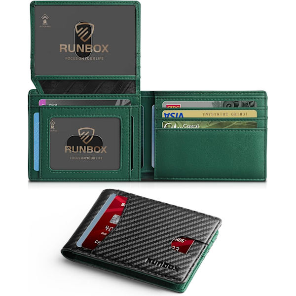 Herre Wallets Slim Rfid Læder 2 ID Vindue Med Gaveæske Carbon black,green
