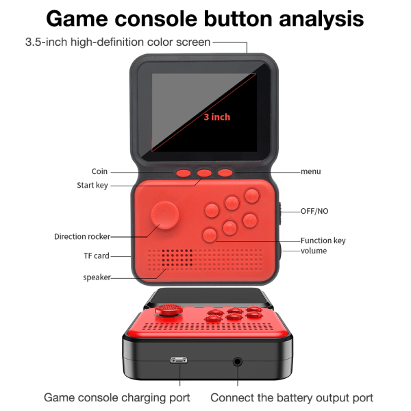 Handhållen spelkonsol 900 inbyggda klassiska spel 3-tums LCD-färgskärm Pocket Mini Game Controller Red