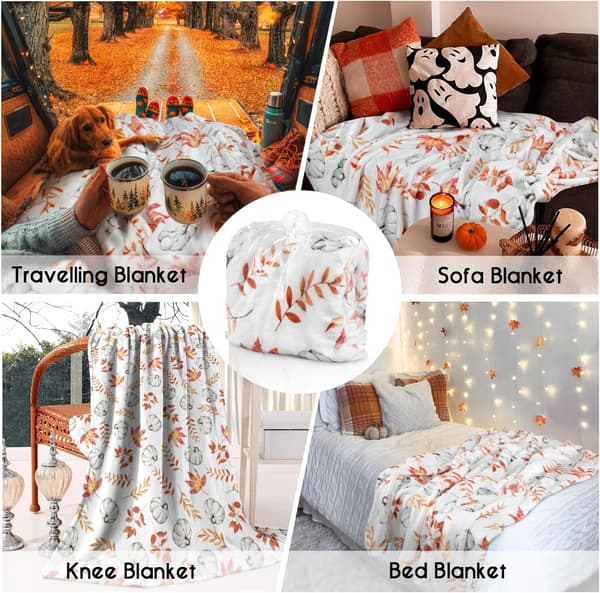 Thanksgiving høstteppe - 60\"x50\" gresskar- og lønneblad-gårdshusstil flanellullteppe, koselig pledd til stue, sofa, seng, A