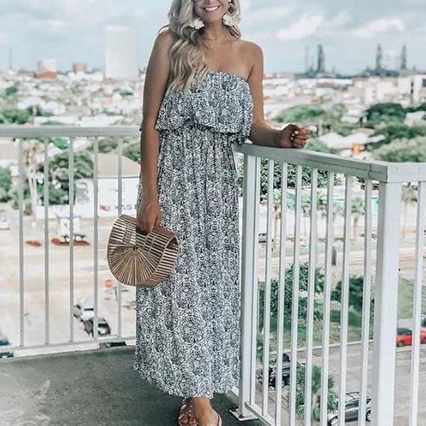 Dame Sommer Off Shoulder Maxikjole Flæse Stropløs Blå Hvid Porcelæn Boho Afslappet Løse Lange Kjoler L