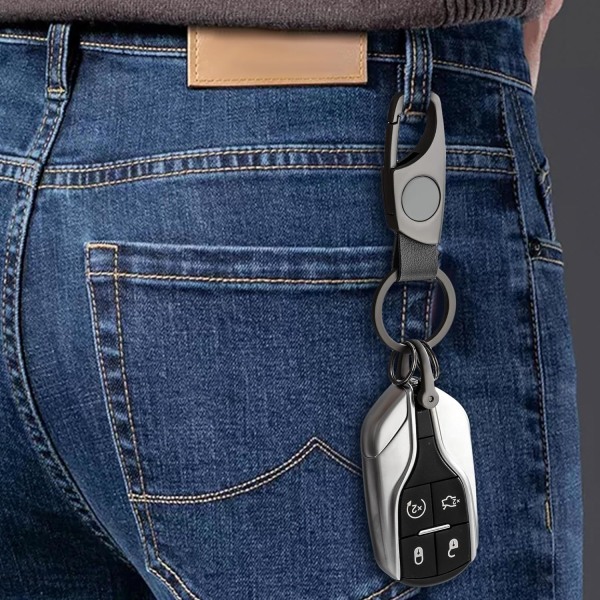 Karabinhage nøglering, nøgleringe til bilnøgle med 2 nøgleringe og anti-tabt D-ring, multifunktionelle nøgleringe til mænd og kvinder \\u2013 Grå (Grå læder Grey  Grey Leather