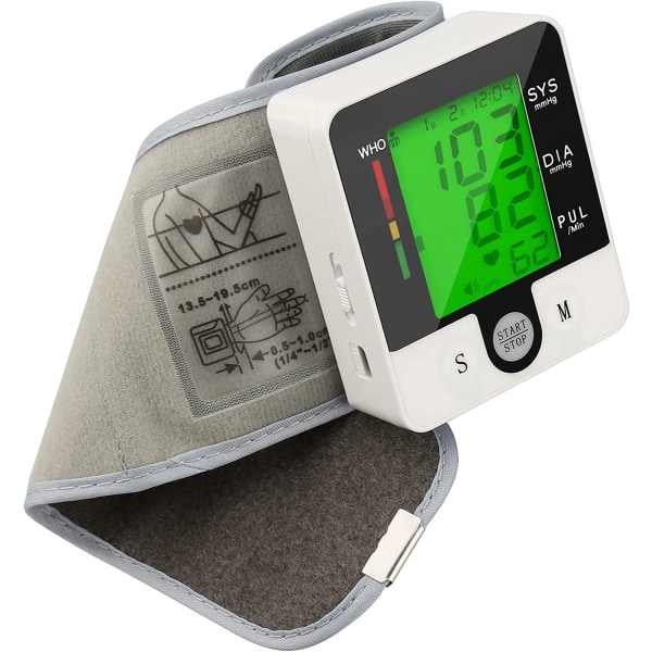 Håndledsblodtryksmåler, blodtryksmaskine, automatisk tale, stort LCD-display, digital hjerteslagspulsmåler, stemmealarm hjemme BP-manchet M