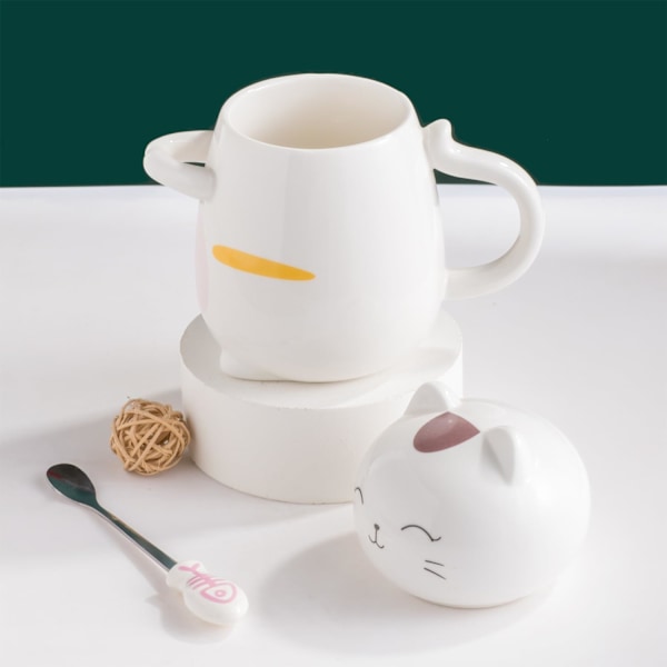 Kattmugg med Lock Rolig Kaffemugg Kopp 400 ml Kattgåva Keramisk Temugg med Sked Te Kaffekopp Julmugg Födelsedagspresent # A Cat cup with lid and spoon