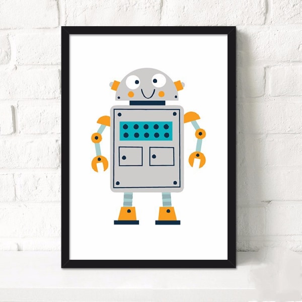 Cartoon Robot Väggkonst Canvas Tryck Affisch, Enkelt Sött Vattenfärg Konst Ritning D