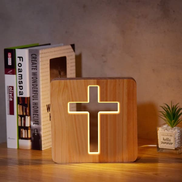 Jesus Kors Trelampe Nyhet Nattlys 3D Illusjonslampe