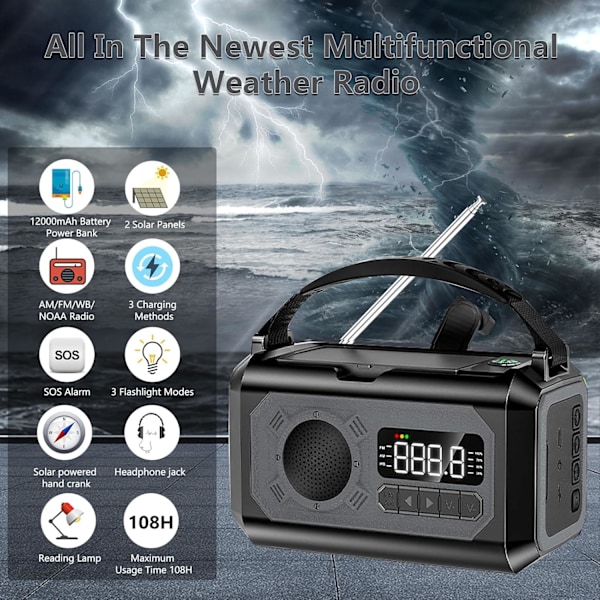 12000mAh Käsikäyttöinen Hätäradio, AM/FM/NOAA, Monitoiminen Aurinkoenergialla Toimiva Radio, 2 Aurinkopaneelia, USB-Lataus, Taskulamppu & LED-Lukuvalo, SOS-Hälytin Dark Green