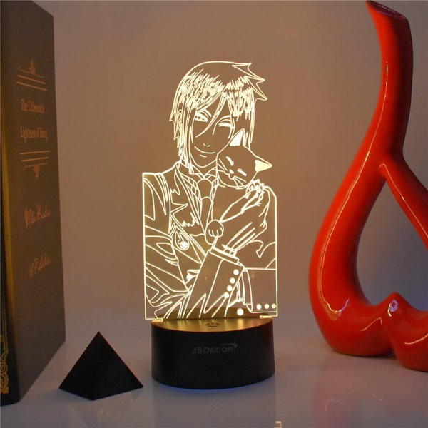 LED Fargerik og Elegant Svart Butler 3D Akryl Nattelys Kreativ Anime Dekorgave Kule Sebastian Michaelis og Katt Manga Actionfigur