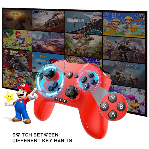Bluetooth-kontroller for Switch/PC/Steam/Apple Arcade MFi-spill osv., Switch Pro-kontroller trådløs med justerbar dobbeltbevegelse, Turbo, makroer, 6-akser Red